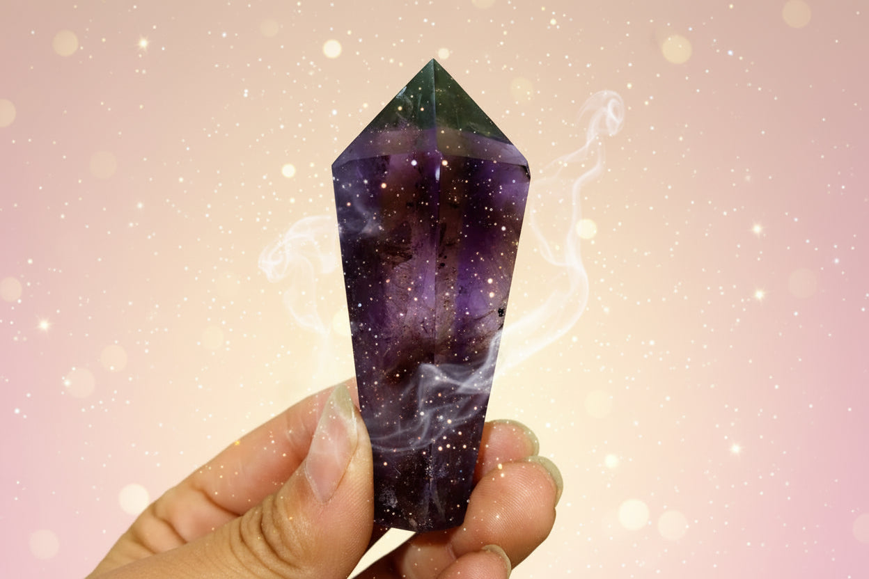 Amethyst crystal held in a hand with a blurred green plant in the background