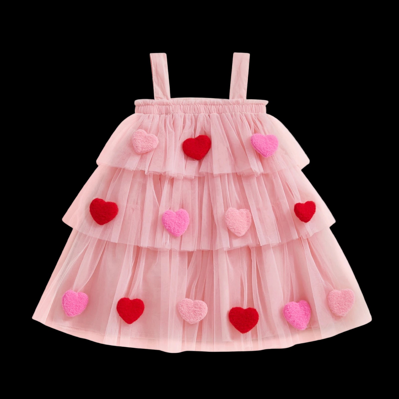 Pink tiered dress with heart decorations on a white background