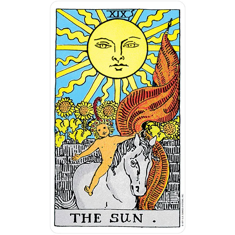 Tarot card titled 'The Sun' with a sun, horse, and cherub design.