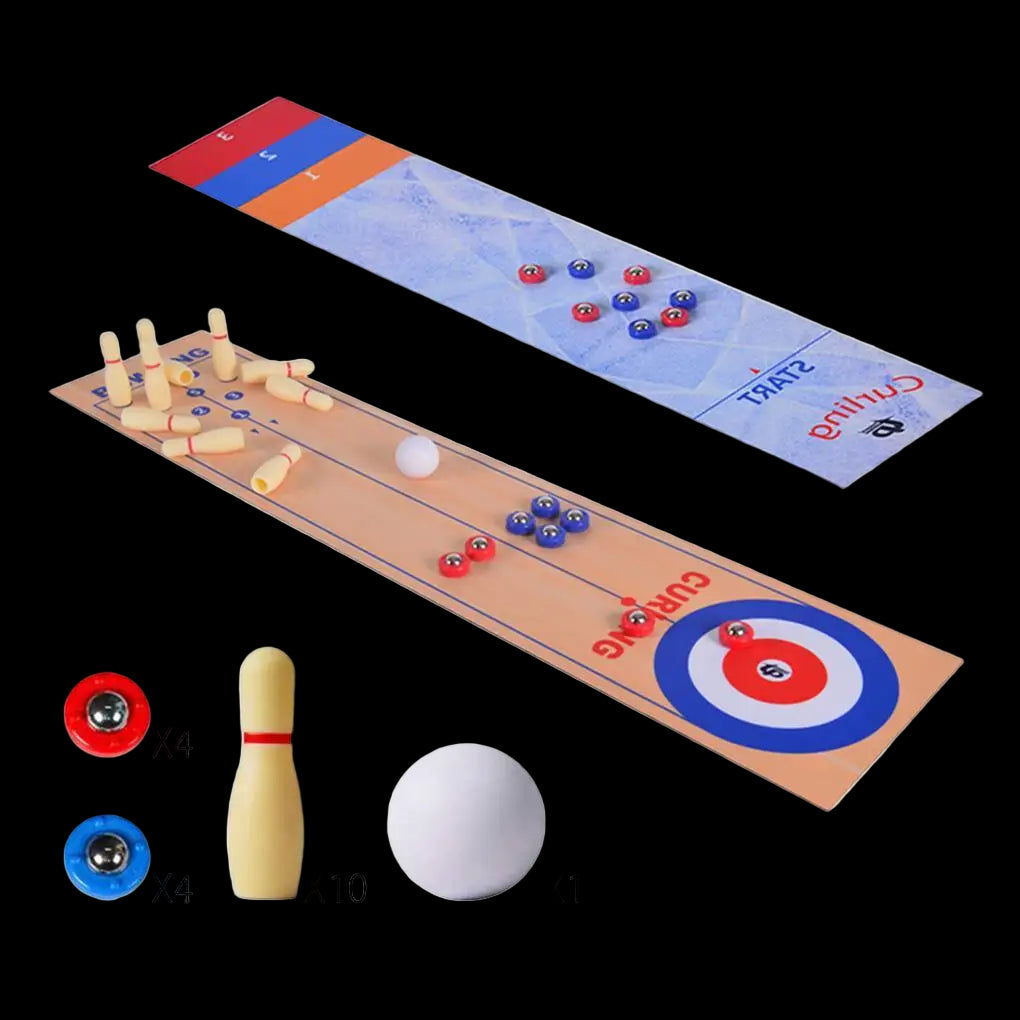 Tabletop game set with wooden pins, balls, and a scoring sheet on a white background