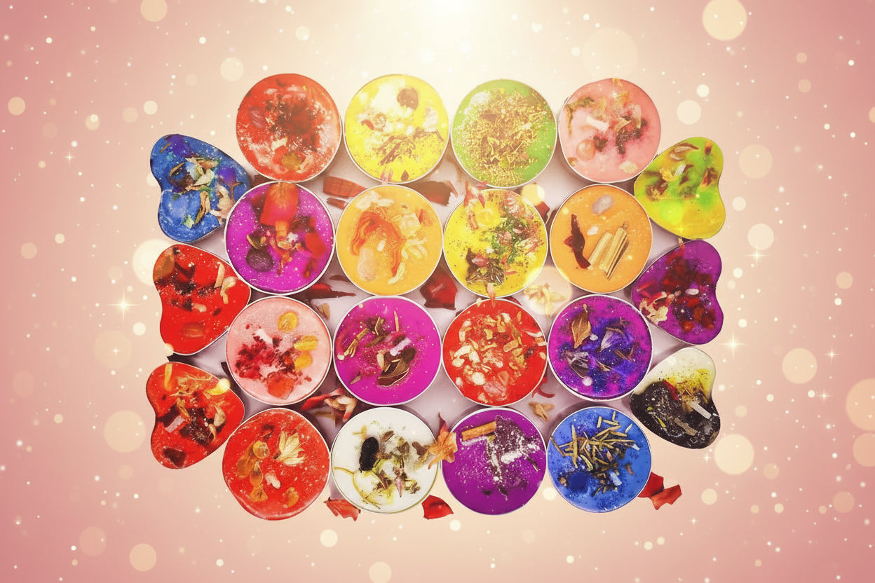 Assorted colorful small dishes with various contents on a light gray background