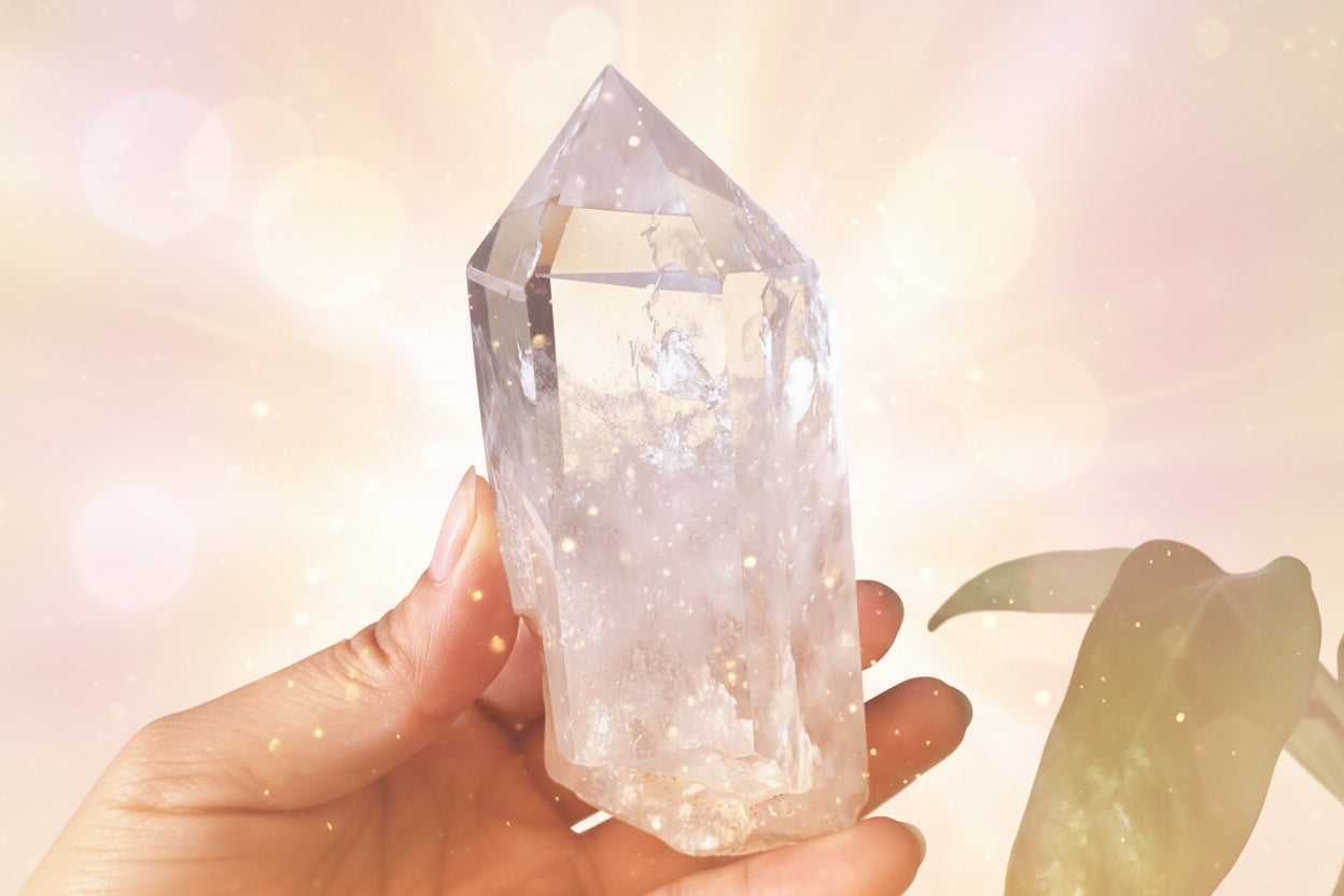 Clear crystal prism held in a hand with a dark background