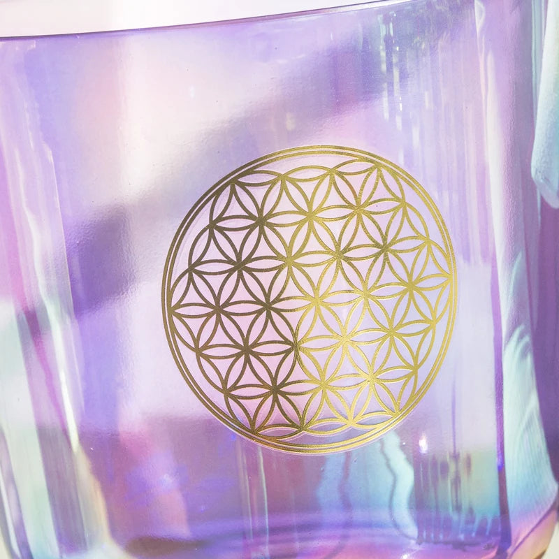 Purple Flower of Life 1pc 6-8 Inch Clear Crystal Singing Bowl + Suede Mallet