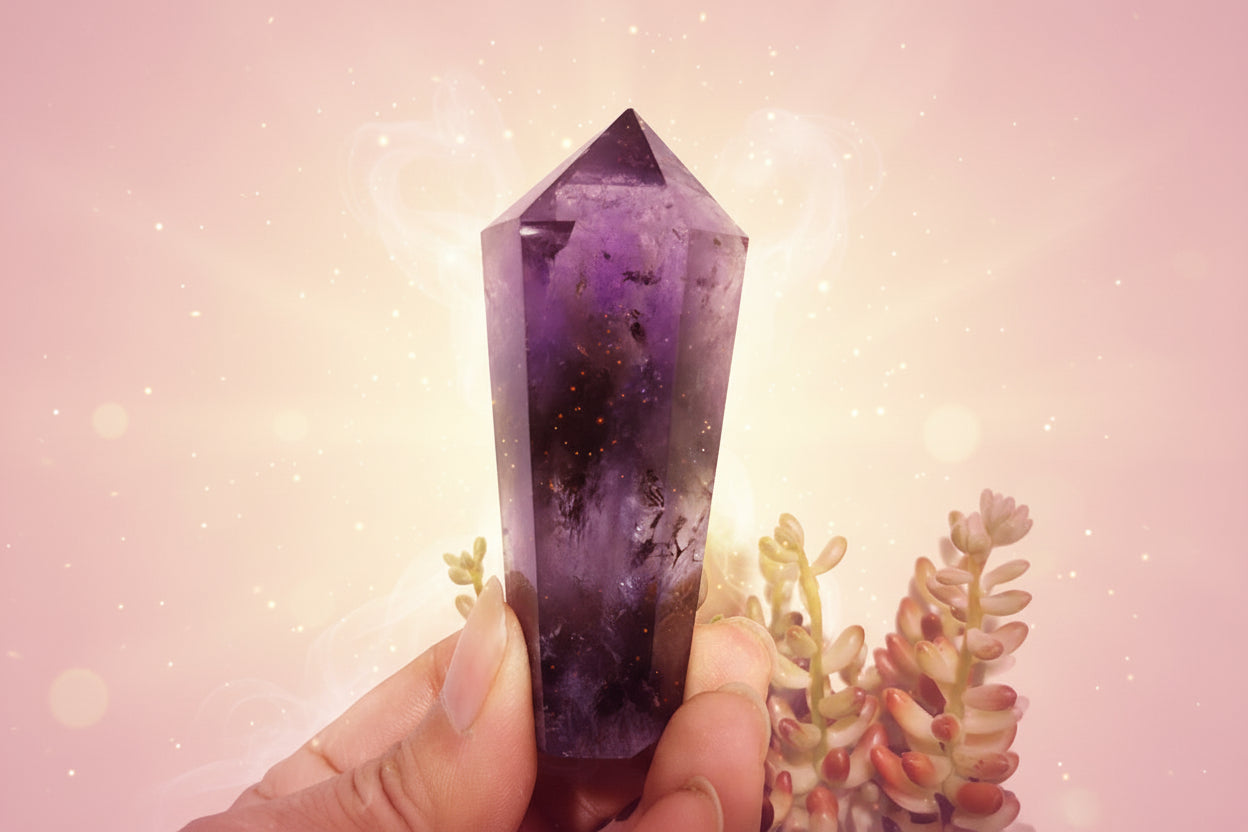 Amethyst crystal held by a hand with a white background