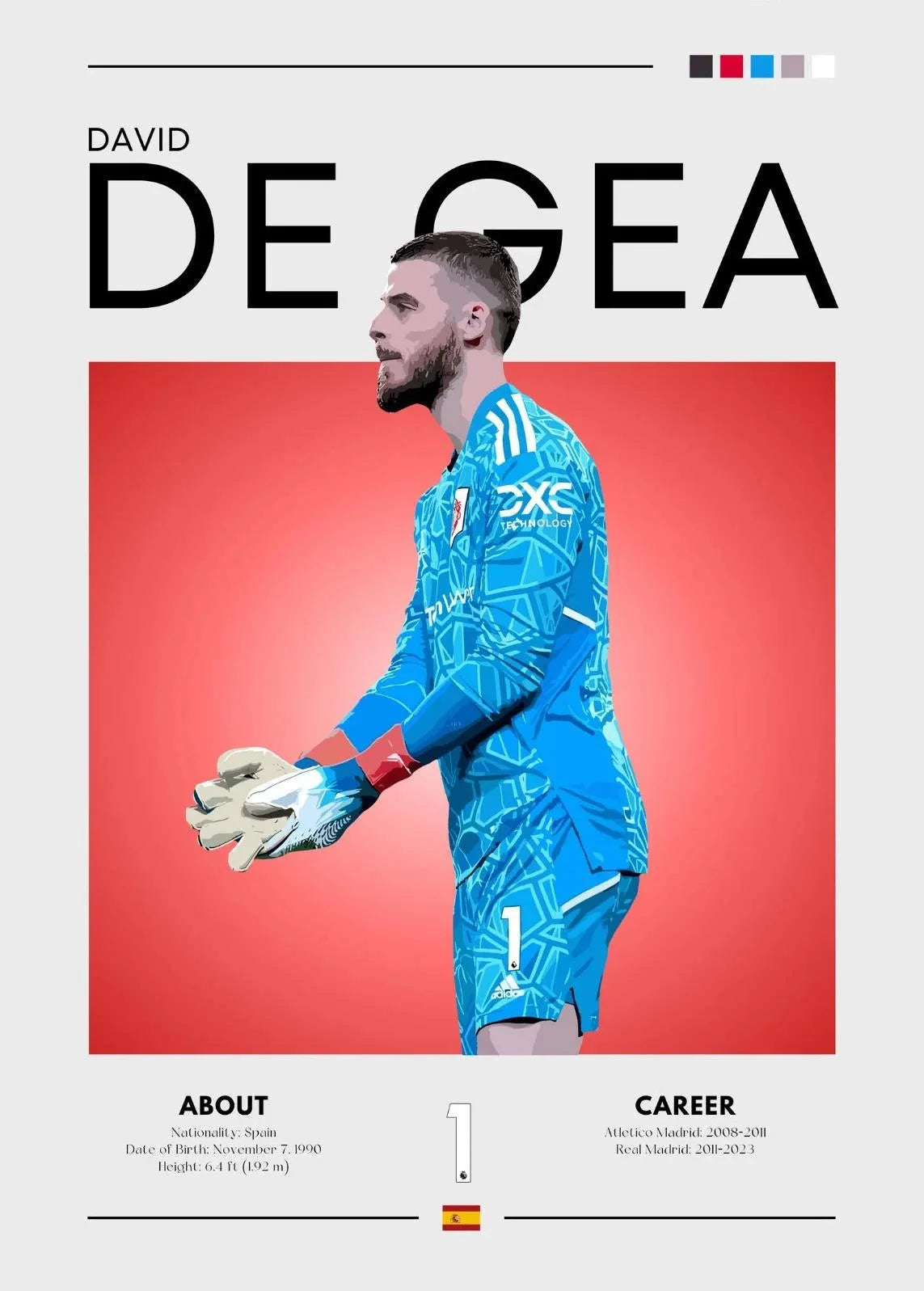 Soccer player in blue uniform with 'De Gea' branding on a red background