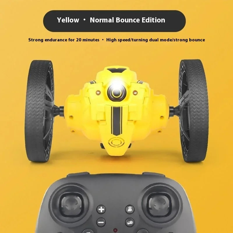 Yellow toy vehicle with wheels and a remote control on a yellow background