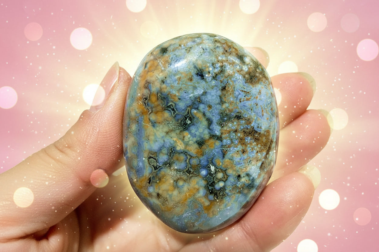 Hand holding a colorful stone with a blurred green leafy background