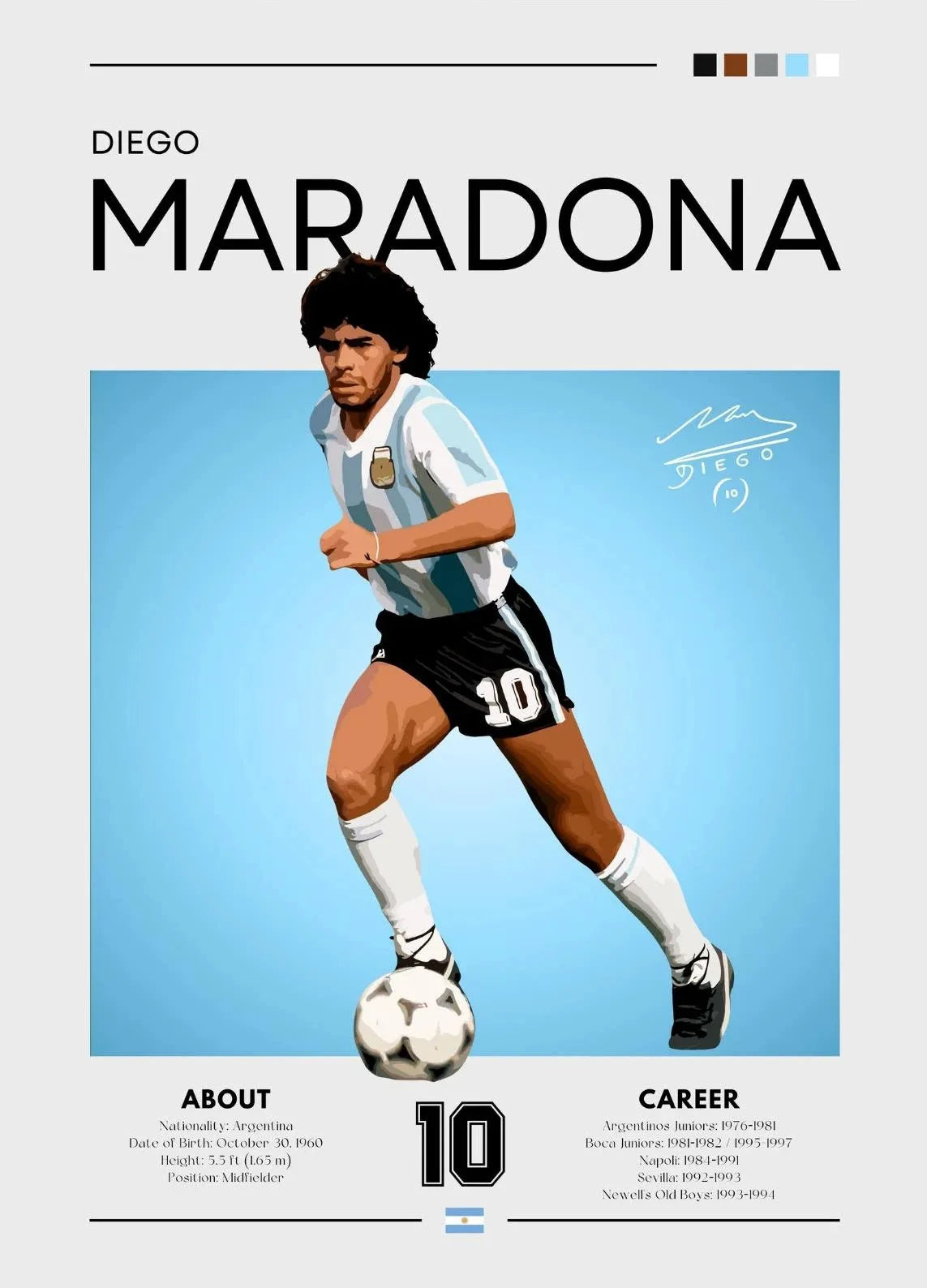 Poster of Diego Maradona in a soccer uniform with a blue background