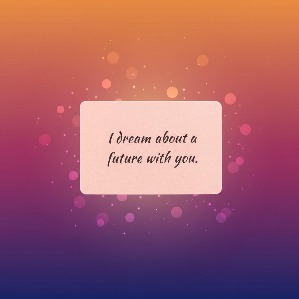 Pink card with text 'I dream about a future with you.' and dimensions on a white background
