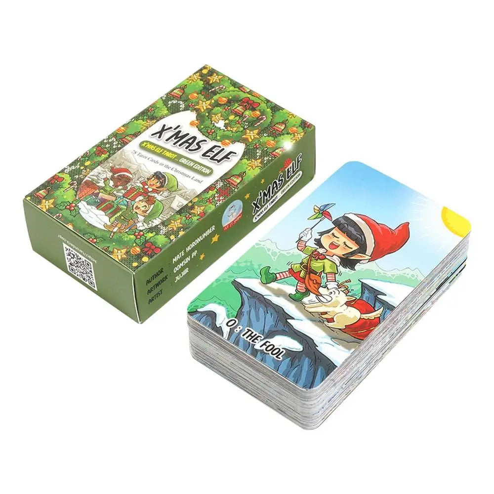 Set of playing cards with Christmas elf design and packaging on a white background