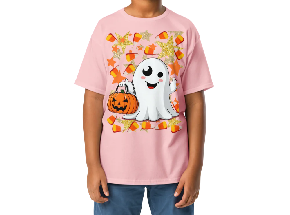 Child wearing a pink Halloween-themed t-shirt with a ghost and pumpkin design on a white background
