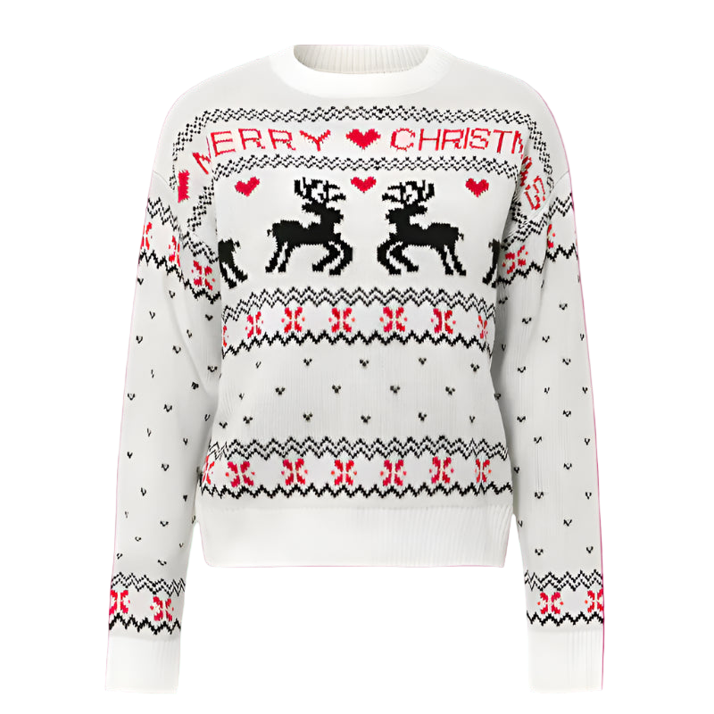White Christmas sweater with reindeer and 'Merry Christmas' text on a white background