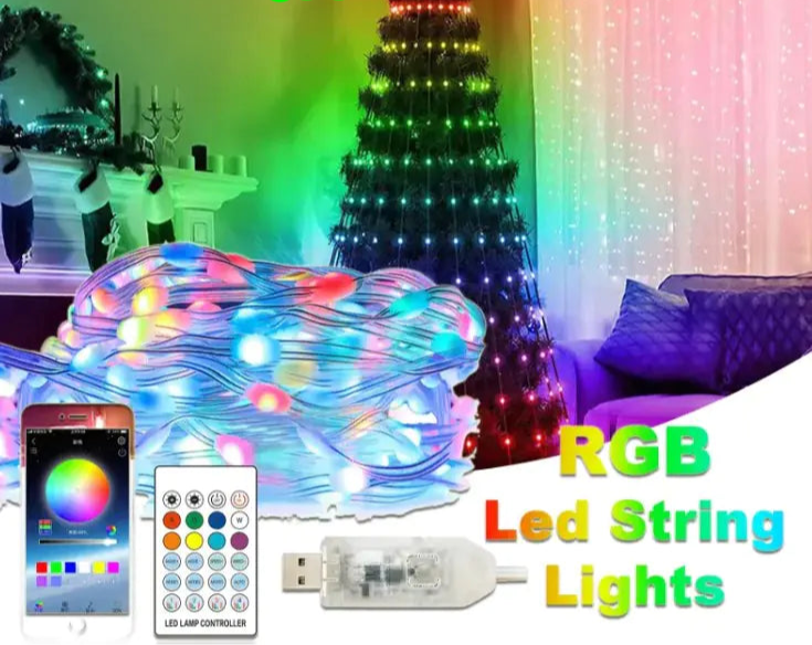 RGB LED string lights with control panel and smartphone app interface, Christmas tree and decorations in the background.