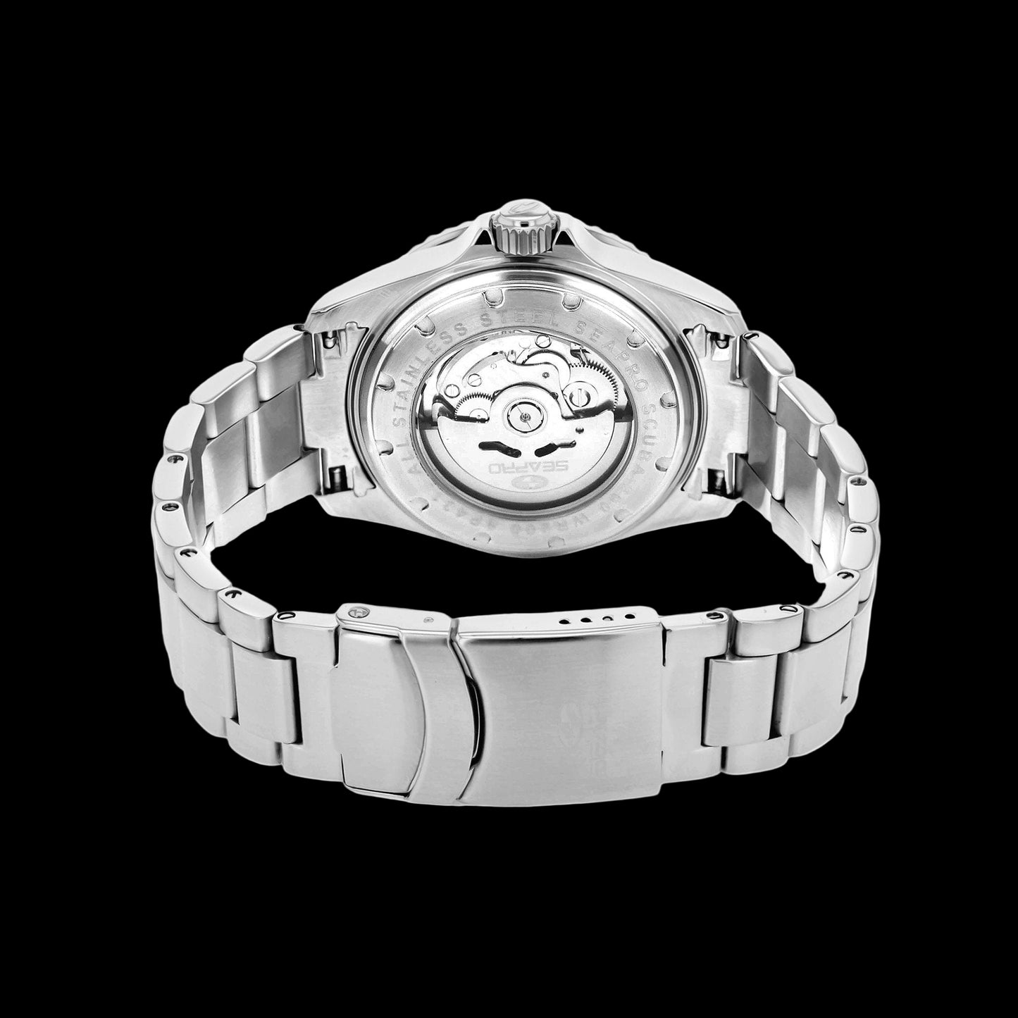 Silver watch with a detailed mechanism on a white background