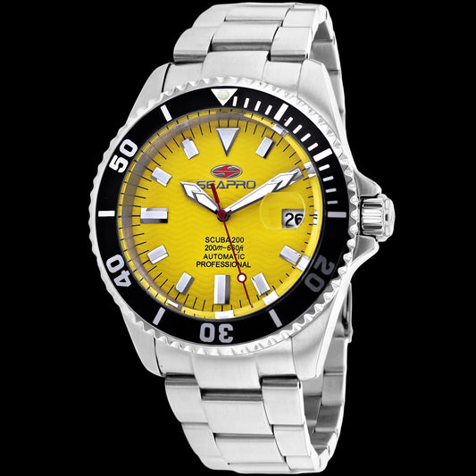 Watch with yellow dial and silver metal strap on a white background