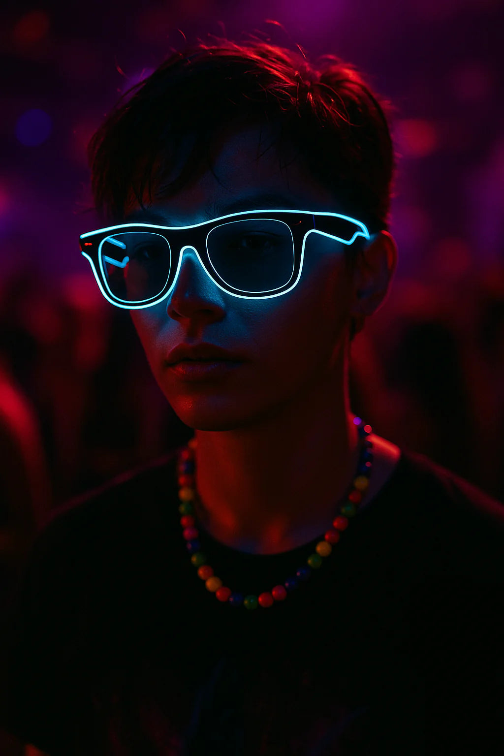 Person wearing neon blue sunglasses in a dark setting