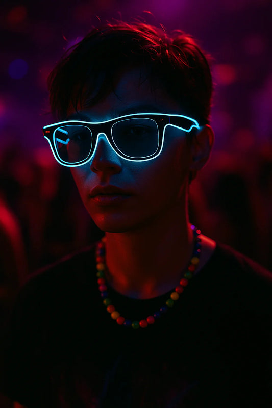 Person wearing neon blue sunglasses in a dark setting