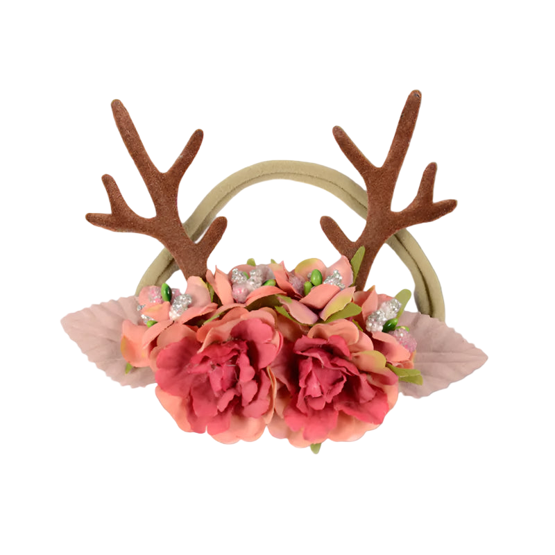 Floral headband with antlers and pink flowers on a white background