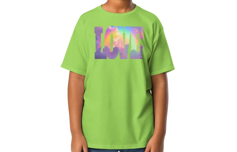 Child wearing a green t-shirt with a colorful 'LOVE' graphic on a white background
