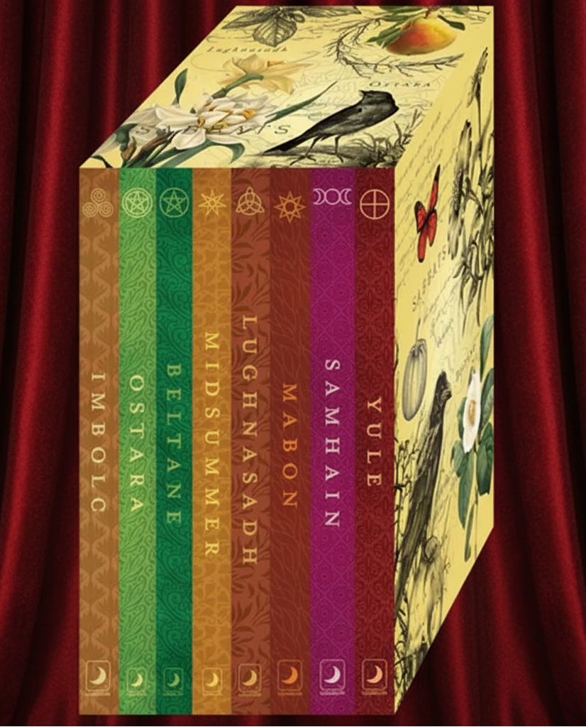 Set of books with colorful covers and nature-themed design on a white background