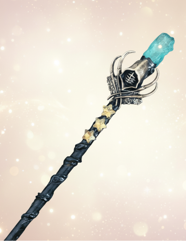 Decorative wand with blue crystal and gold accents on a dark background