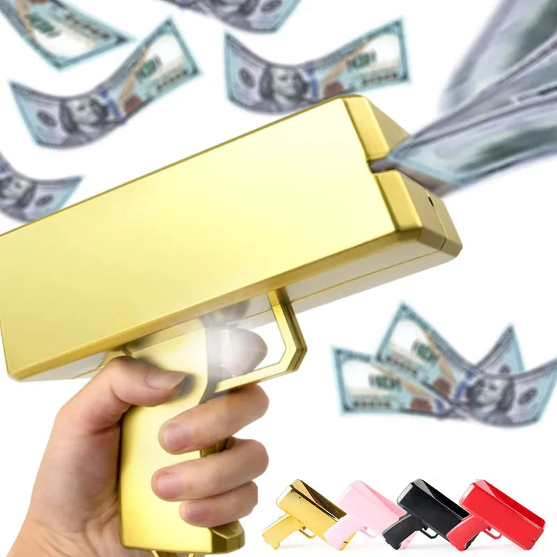 Gold money gun with dollar bills flying out, held by a hand against a white background.