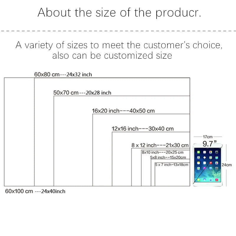 Diagram showing various sizes of a product with dimensions in centimeters and inches.
