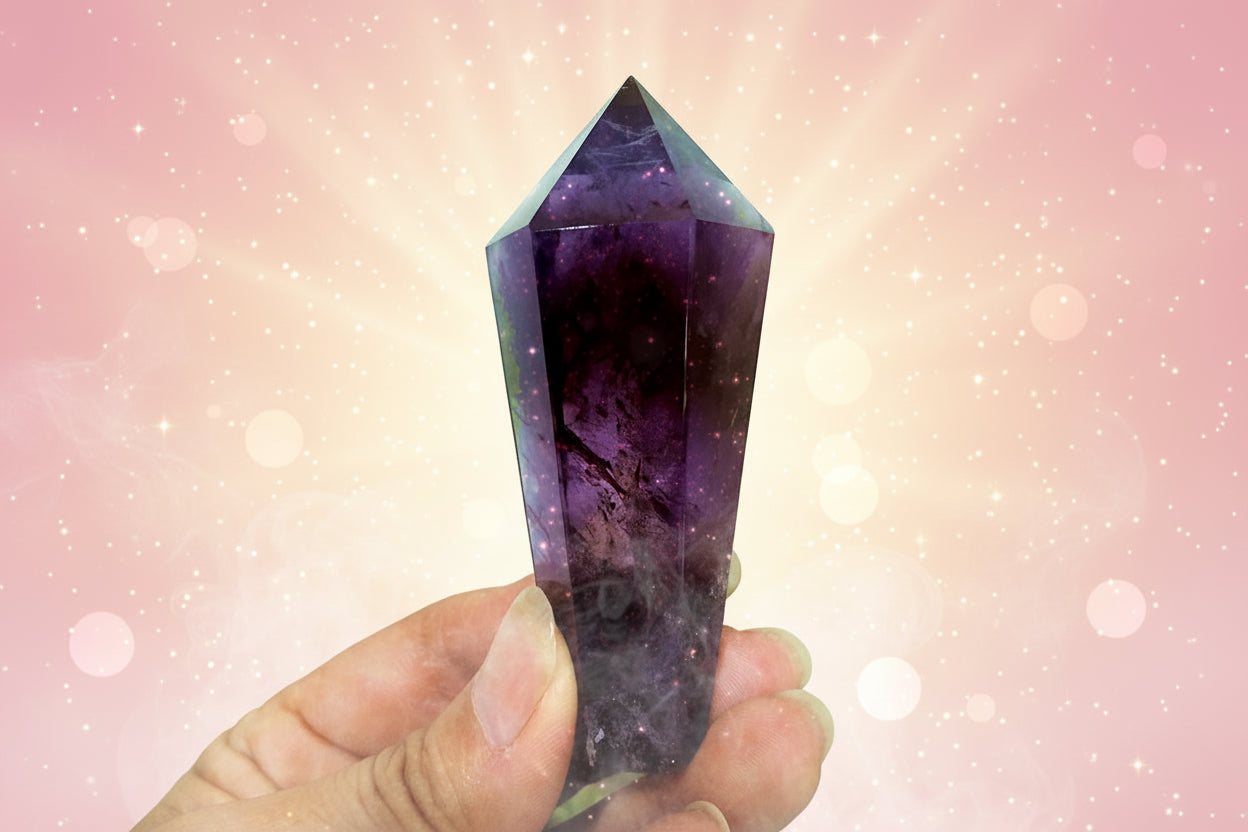 Hand holding a purple crystal with a blurred green plant in the background