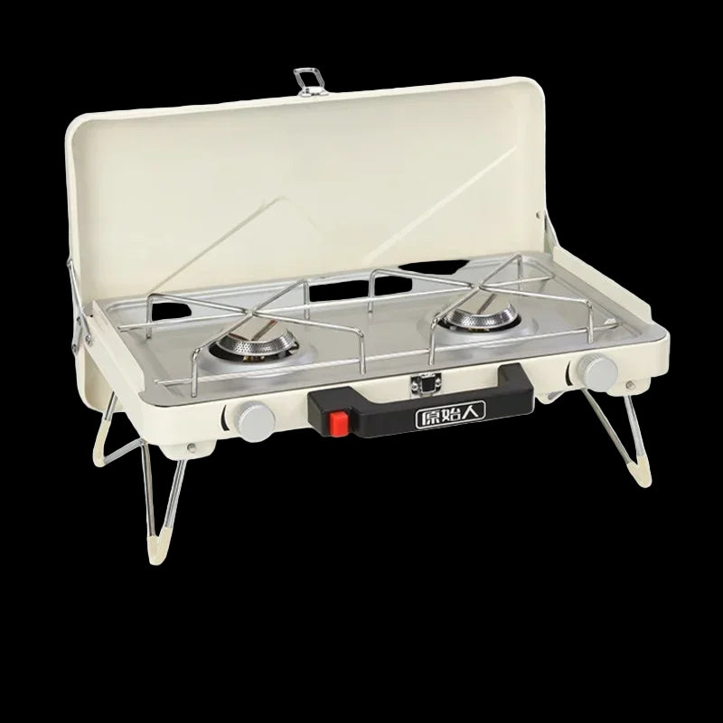 Portable camping stove with two burners on a white background