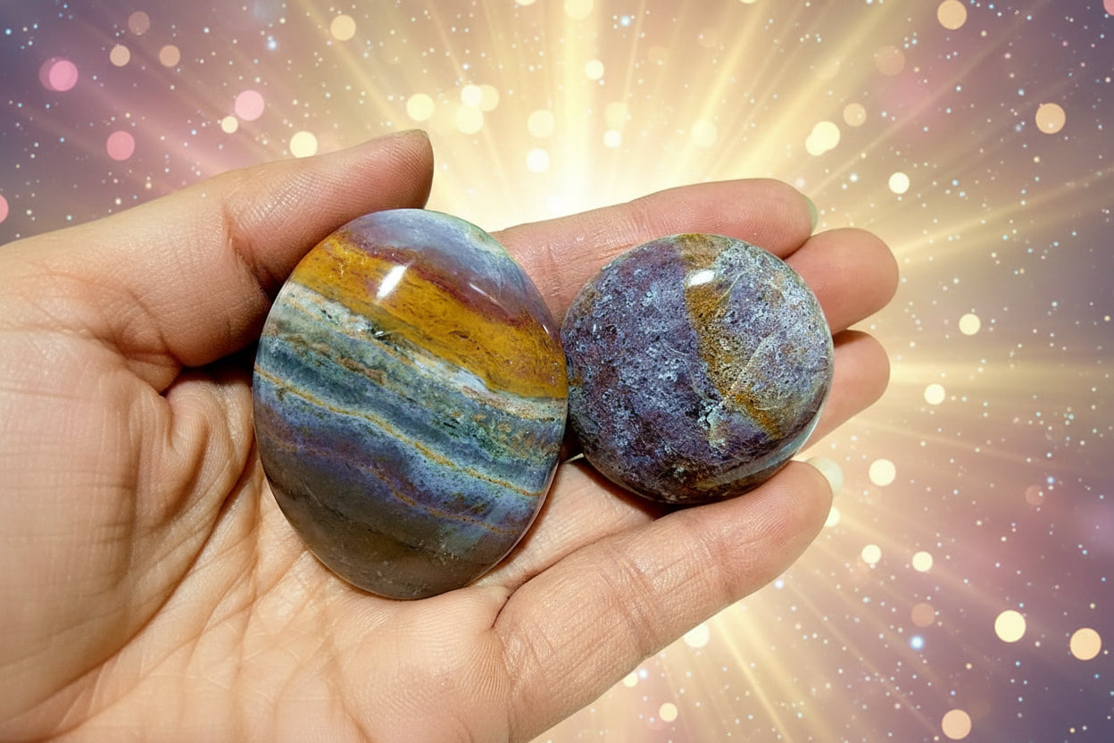 Two colorful stones held in a hand with a blurred green plant background
