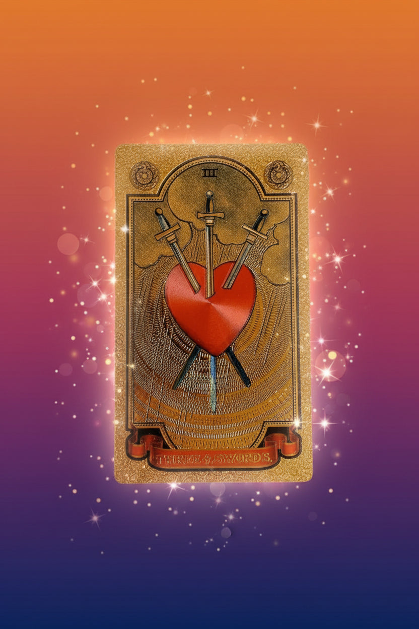 Decorative card with a red heart and three swords, showing dimensions on a white background.