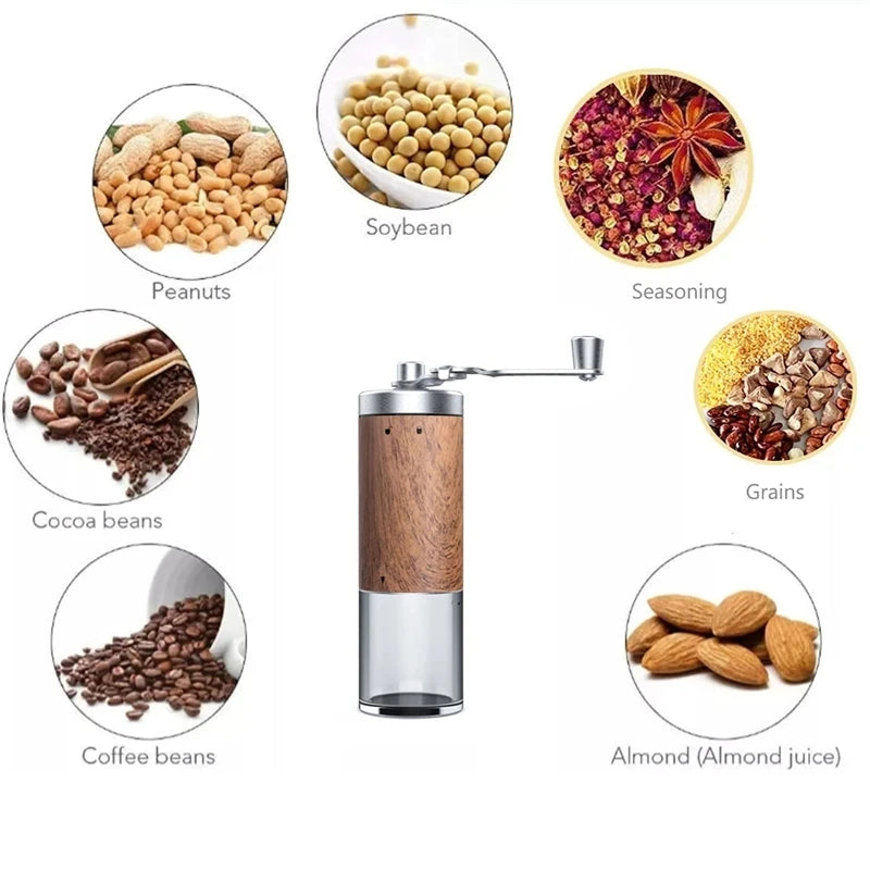 Collage of various food items with a manual grinder in the center.
