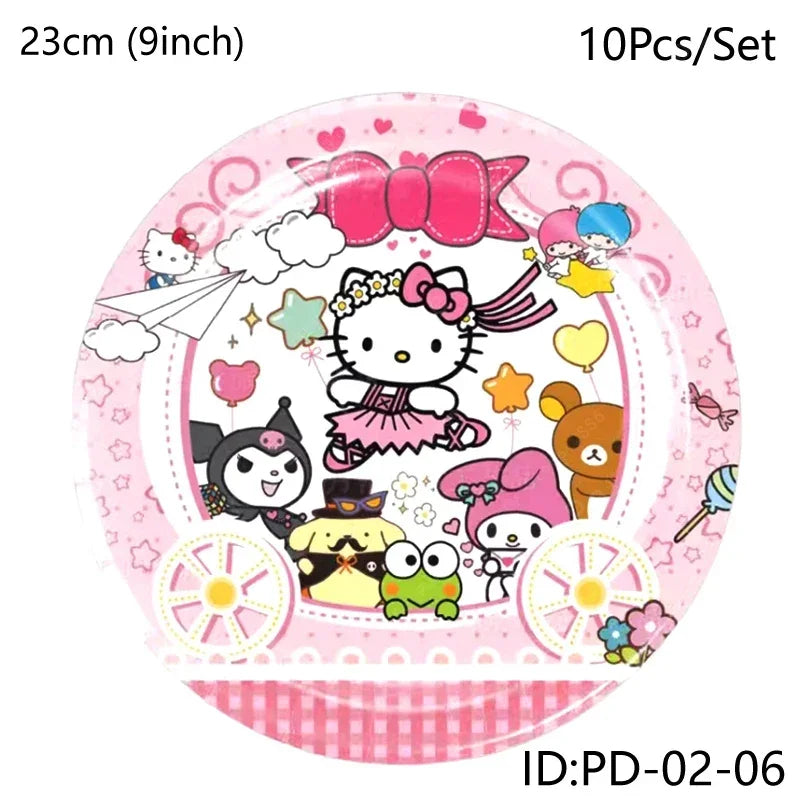 Pink plate with cartoon characters and decorative elements on a white background