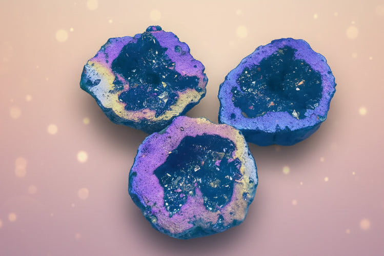 Three colorful geode-shaped objects on a white surface with flowers in the background