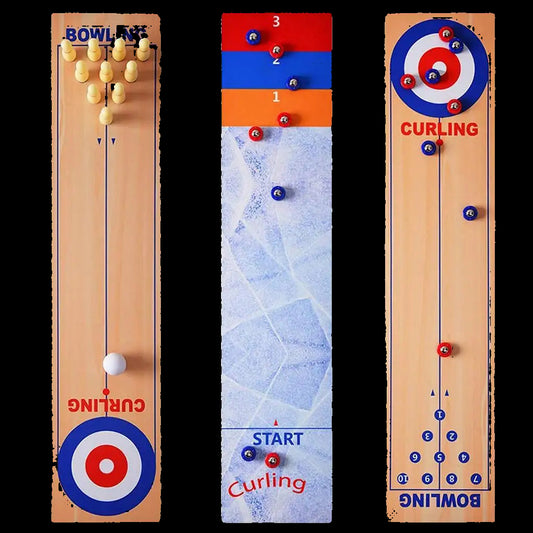 Three wooden boards with bowling and curling designs on a white background