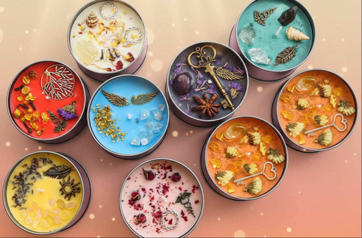 Nine small containers with decorative items on a white background