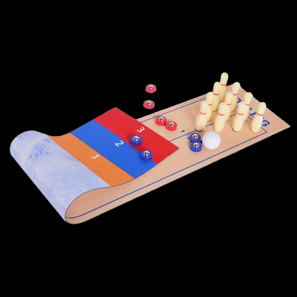 Toy bowling set with pins, ball, and numbered lane on a white background