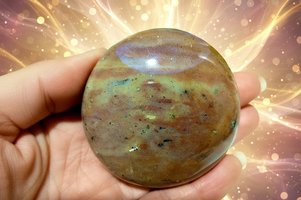 Polished gemstone held in a hand with a blurred green plant background