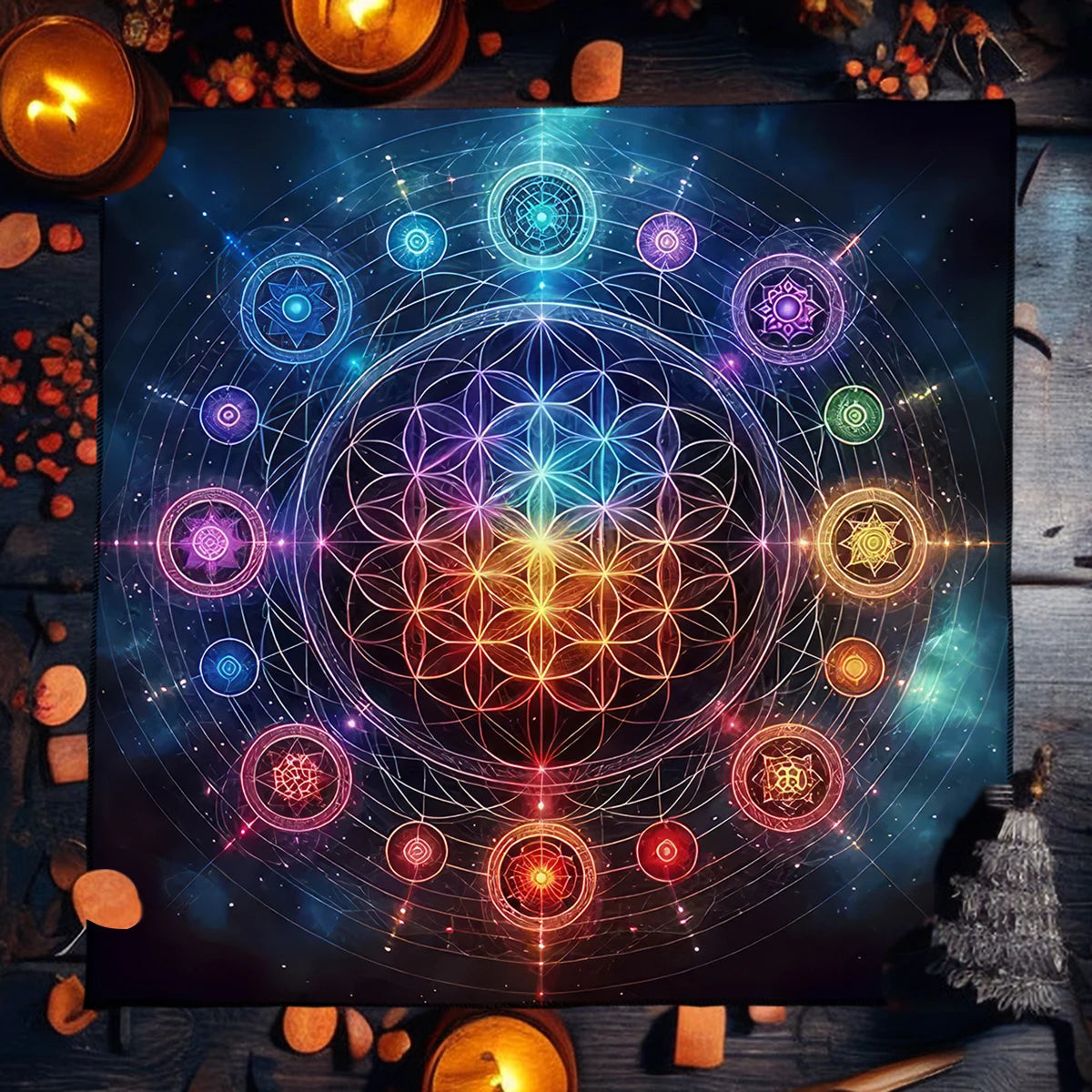 Colorful geometric design on a dark background with candles and crystals.