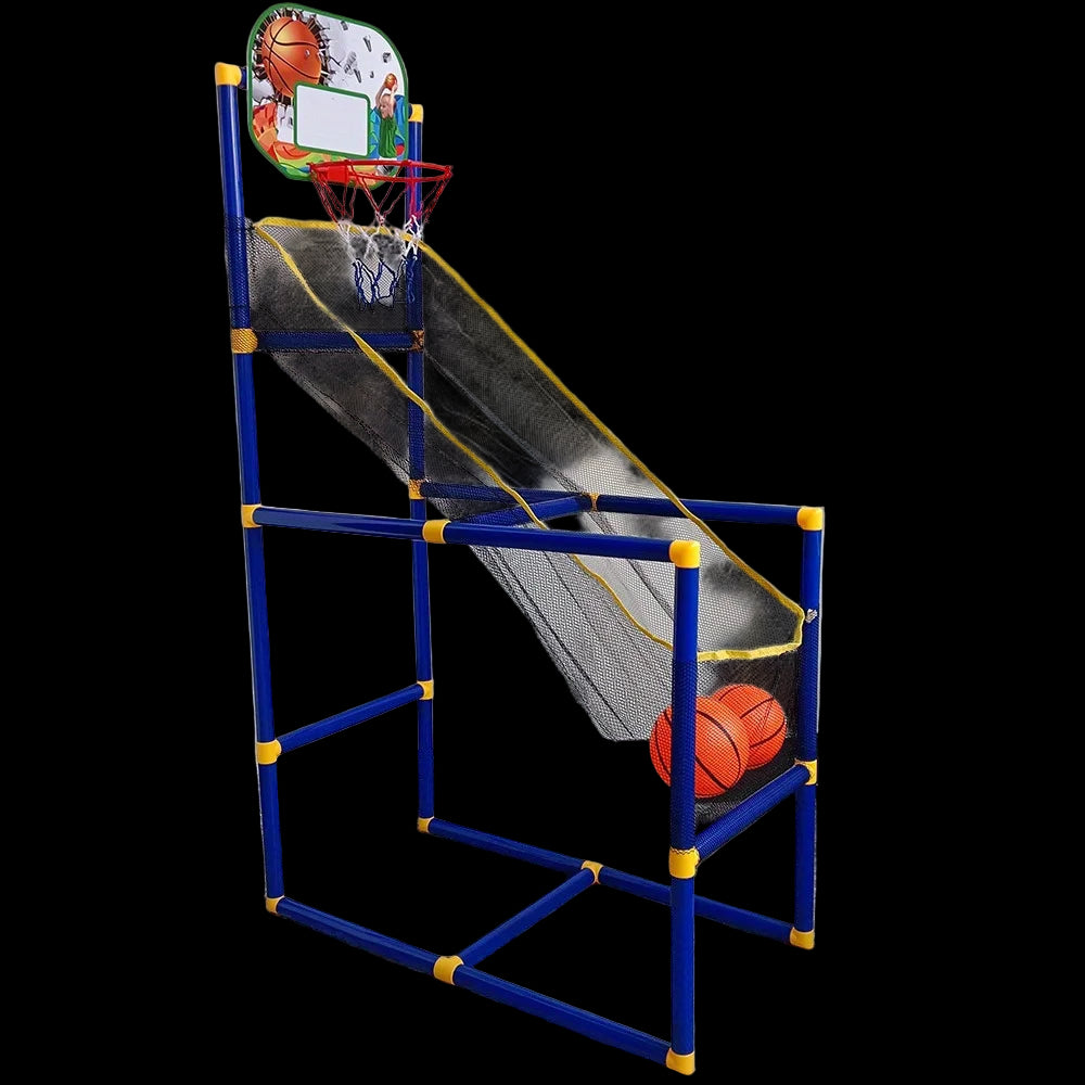 Children's basketball hoop set with a ball on a plain floor.