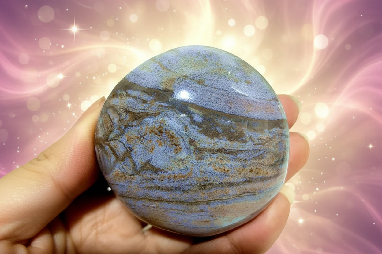 Hand holding a blue and brown marbled stone with green leaves in the background