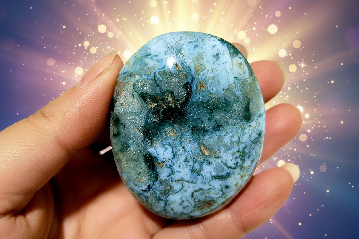 Blue marbled stone held in a hand with a blurred green background
