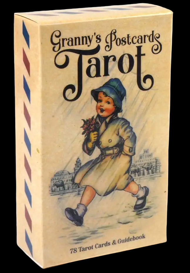 Box of 'Granny's Postcards Tarot' with vintage-style illustration on a beige background