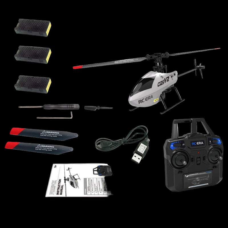 RC helicopter with accessories on a white background