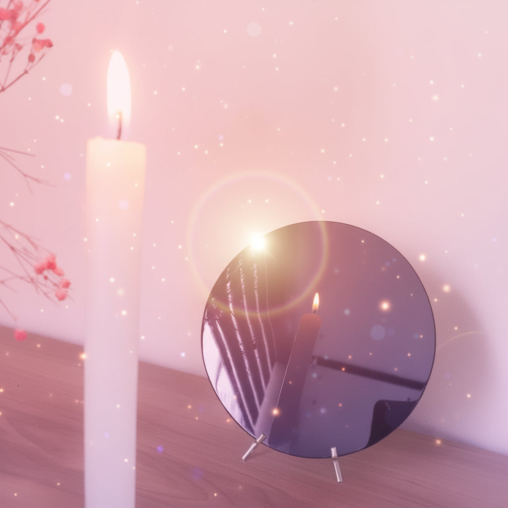 Black round mirror reflecting a lit candle on a wooden surface with a white wall background.
