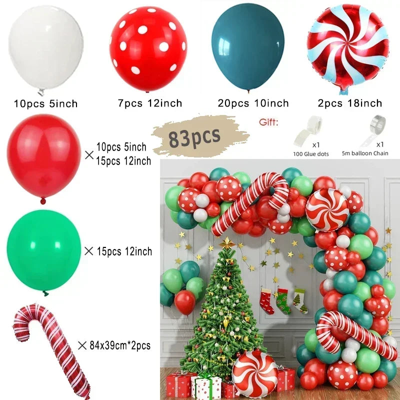 Collection of Christmas-themed balloons with sizes and quantities labeled, set against a festive background.