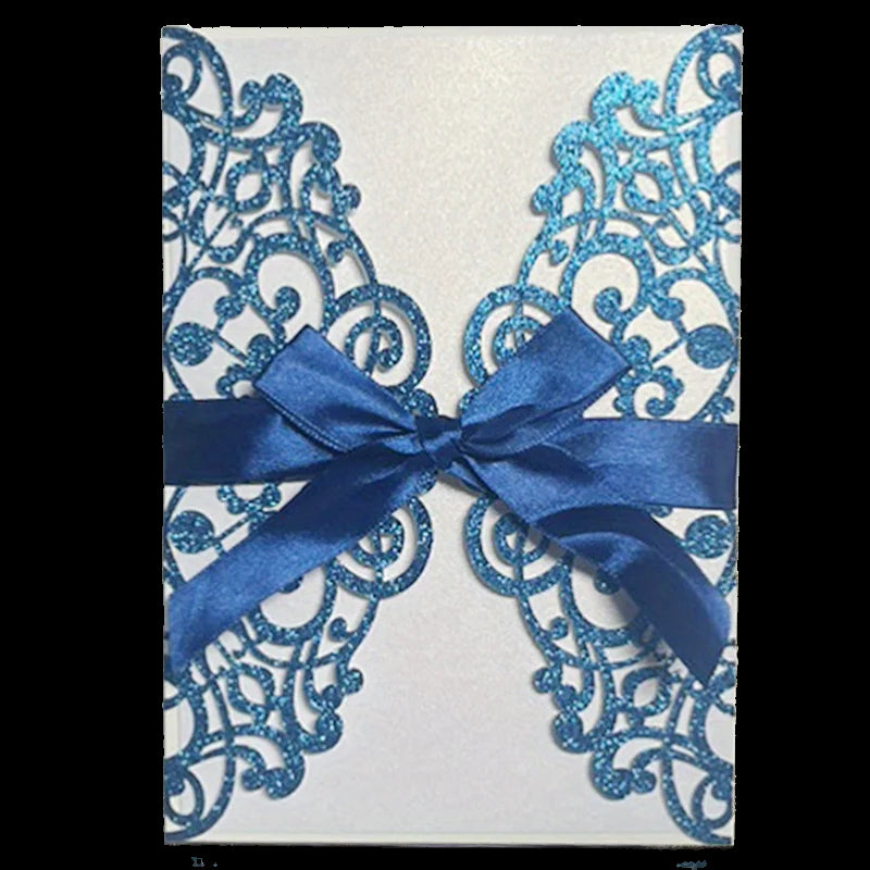 Invitation card with blue lace design and ribbon on a white background