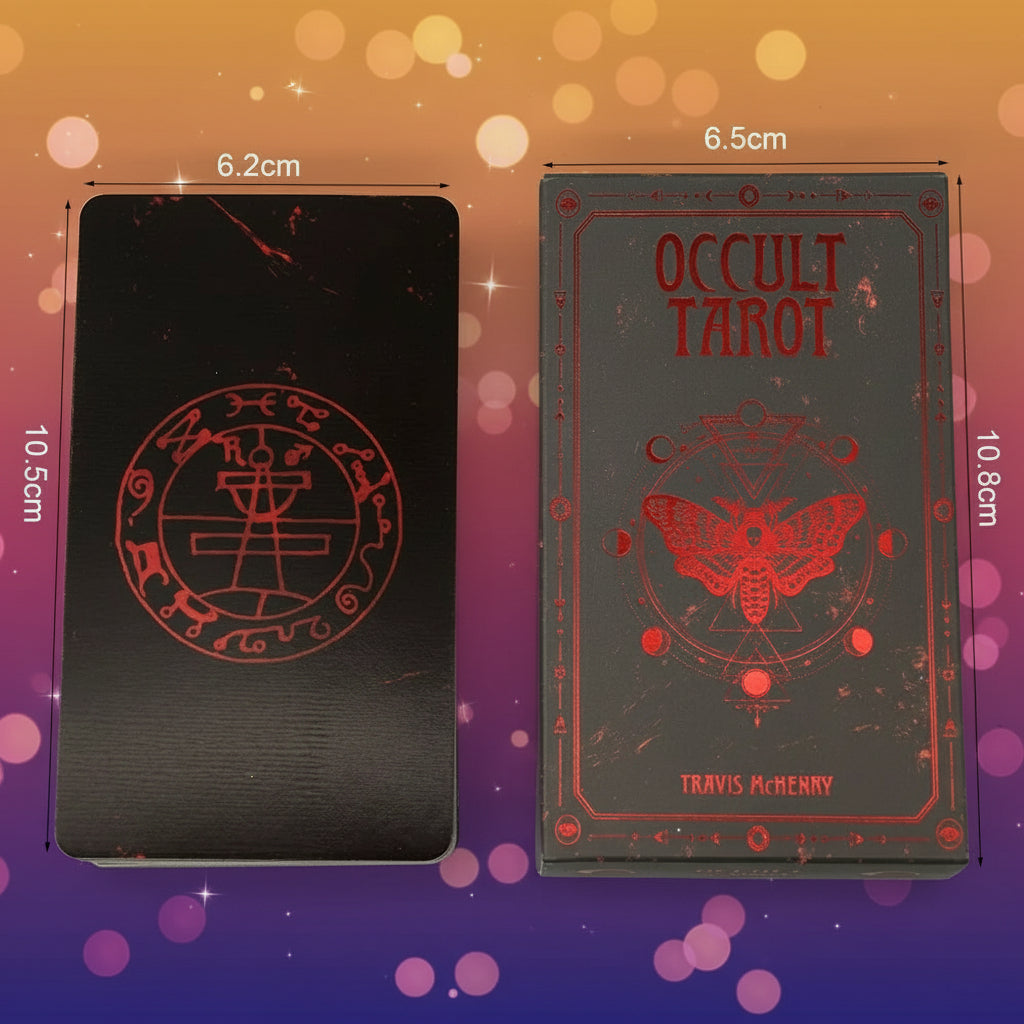 Two tarot card boxes with red symbols and text on a gray background