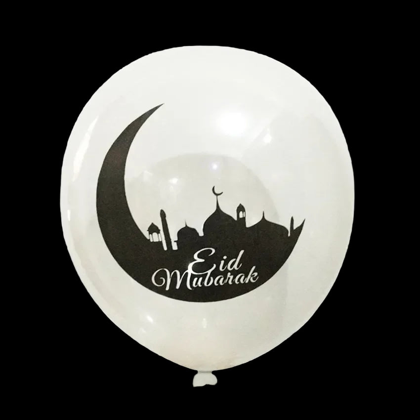 White balloon with black 'Eid Mubarak' design featuring a crescent moon and mosque silhouette on a white background.