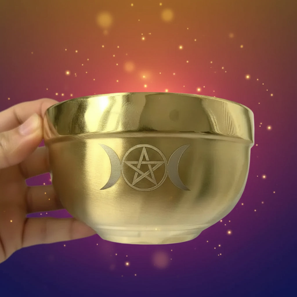 Gold bowl with engraved symbols held by a hand on a white background